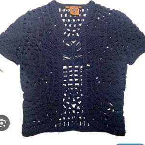 Navy blue crocheted tory burch cardigan